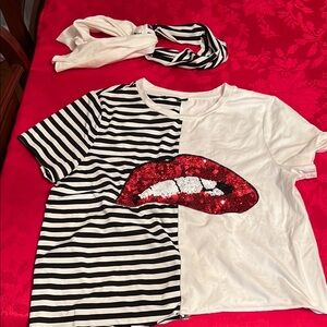 Striped Black and White SHEIN Shirt with Red Sequin Lips size small